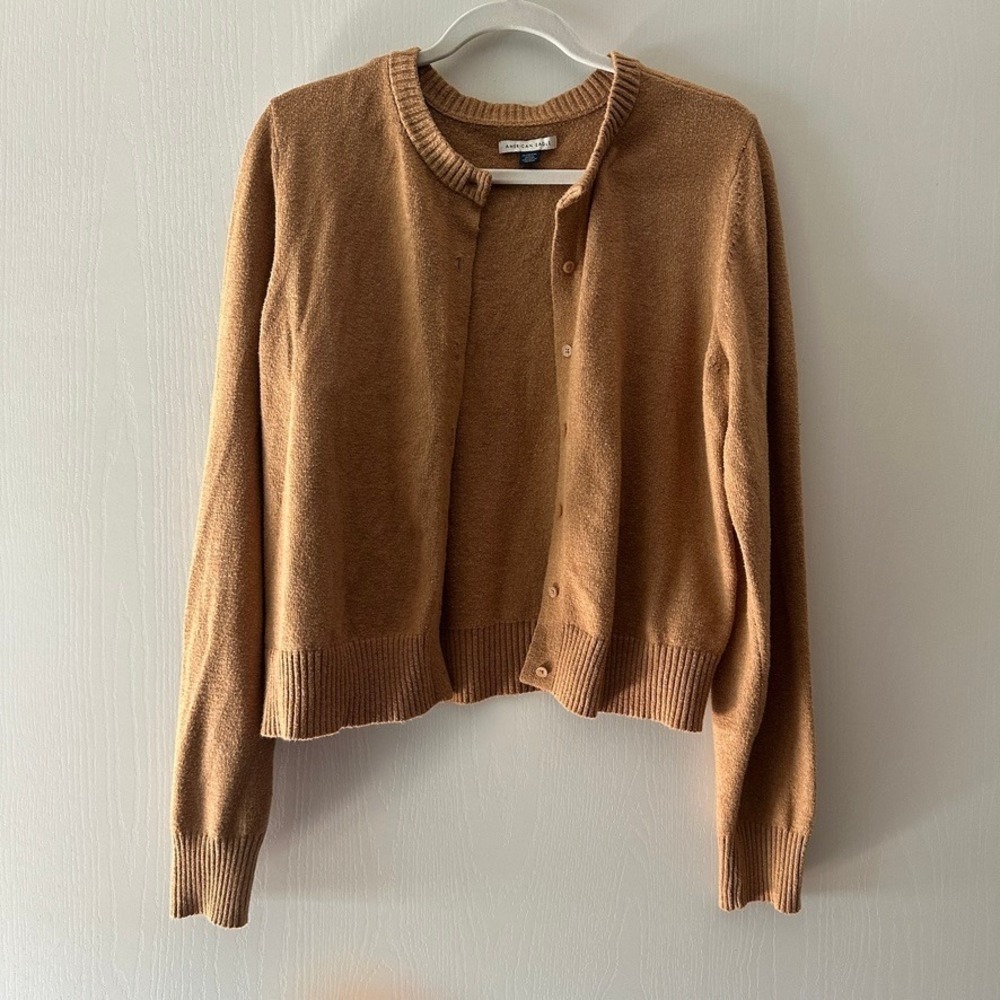 American Eagle Tan Cropped Crewneck Button Up Cardigan Sweater XL